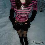 Gothic Punk Dark Academia Rhinestone Skull Striped Crop Top