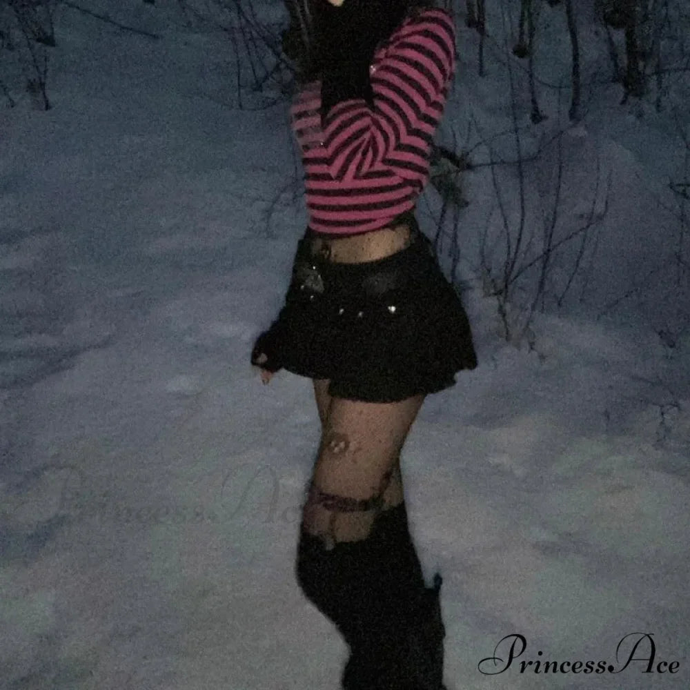 Gothic Punk Dark Academia Rhinestone Skull Striped Crop Top