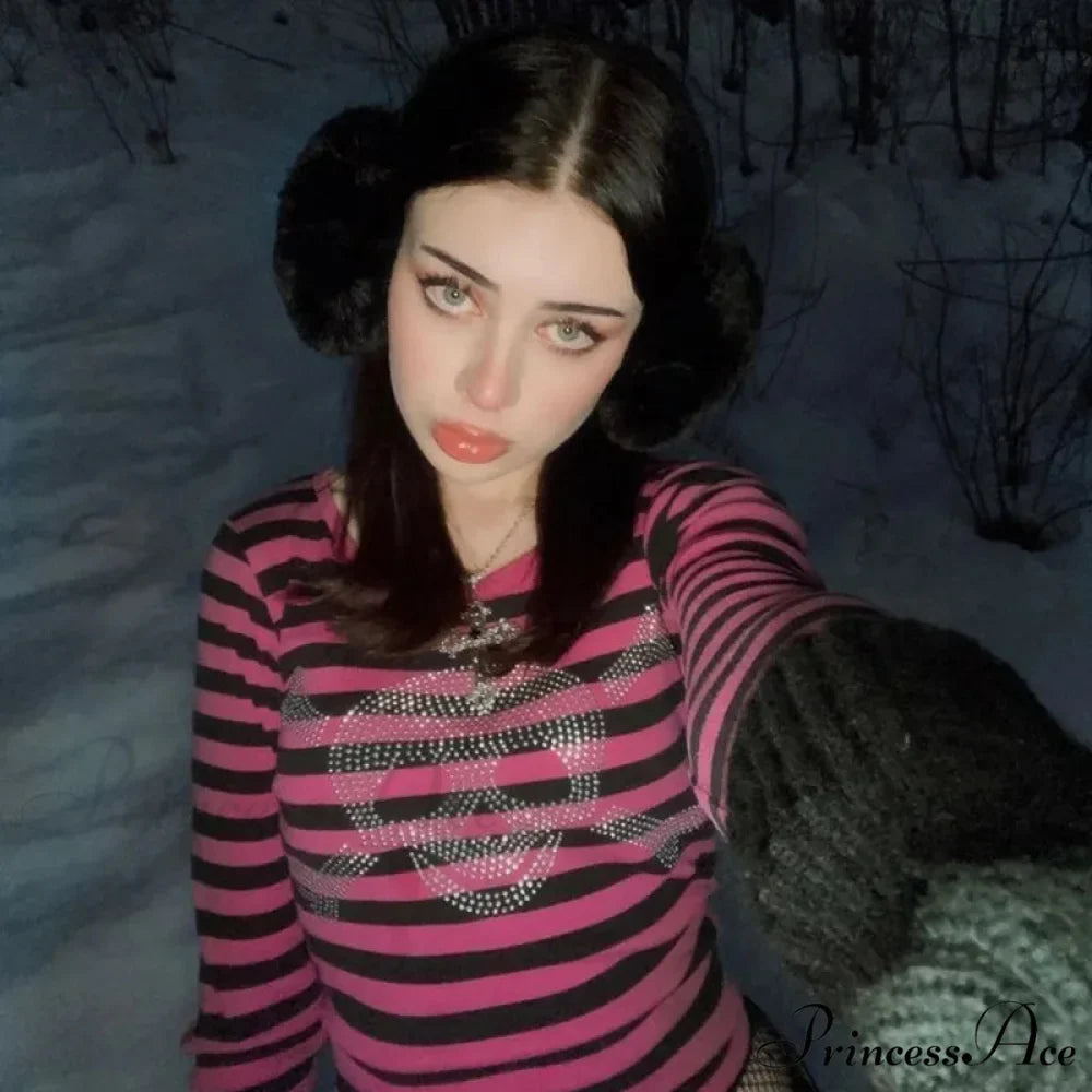 Gothic Punk Dark Academia Rhinestone Skull Striped Crop Top