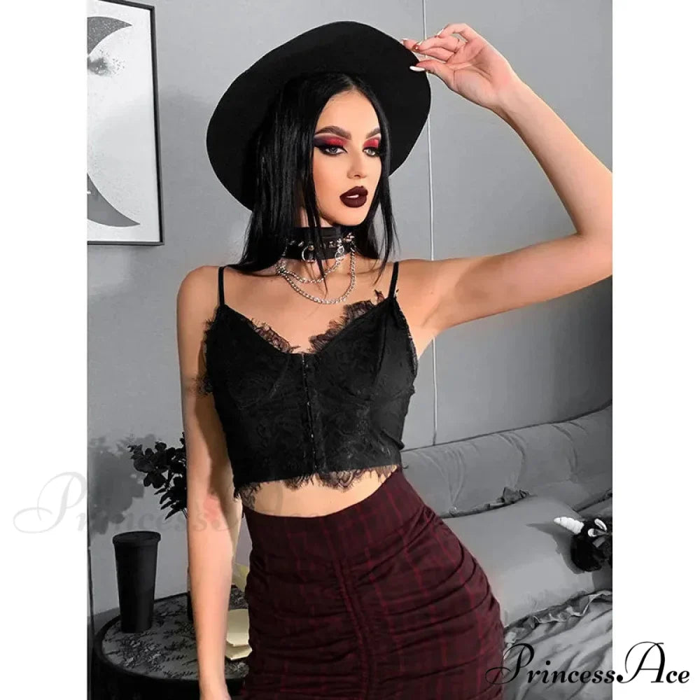 Gothic Punk Sexy Fairy Grunge V-neck Dark Lace Crop Top