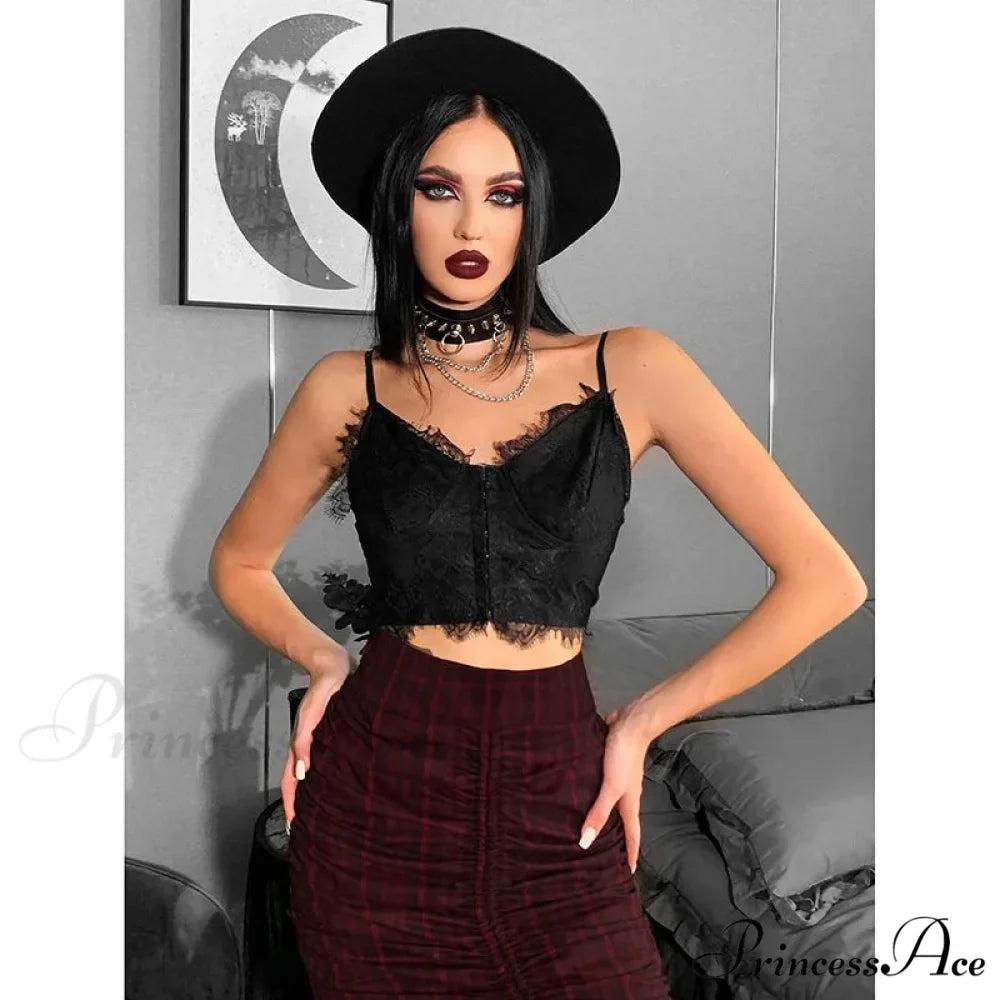Gothic Punk Sexy Fairy Grunge V-neck Dark Lace Crop Top