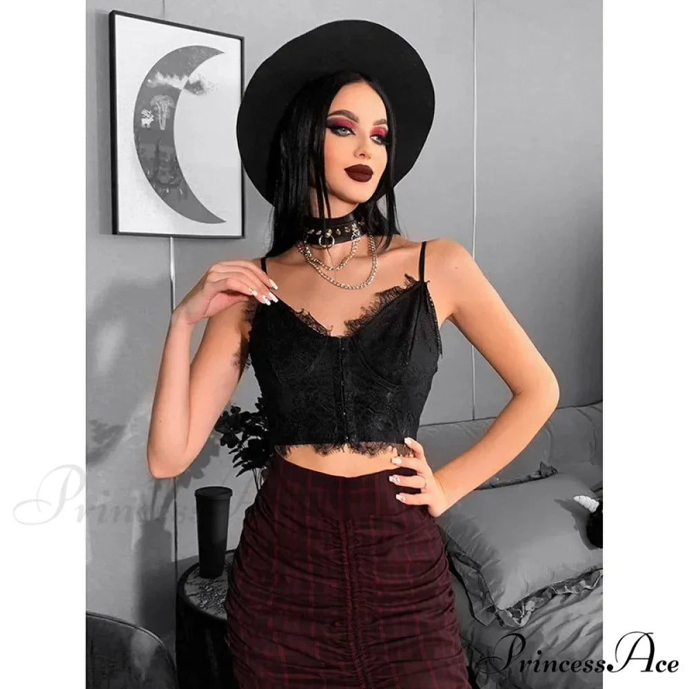Gothic Punk Sexy Fairy Grunge V-neck Dark Lace Crop Top