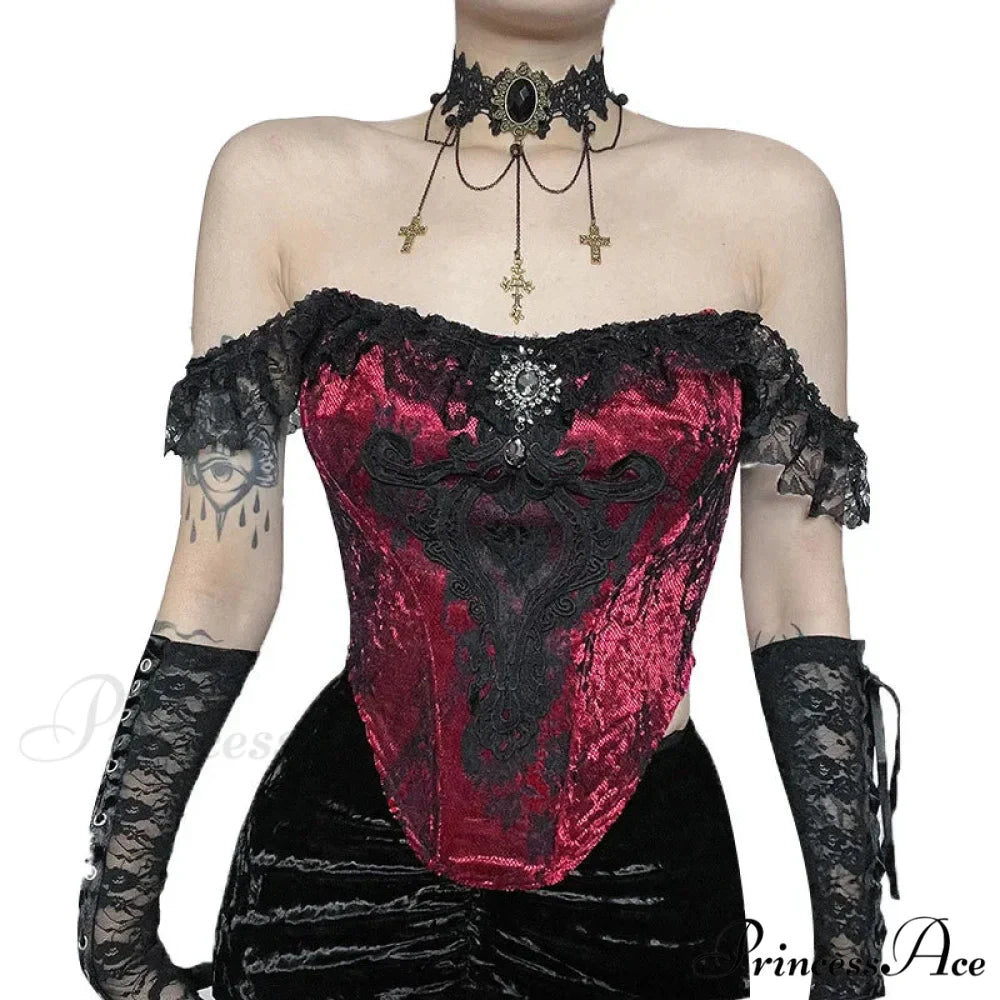 Gothic Punk Victorian Patchwork Ruched Lace Tube Bustier Crop Top