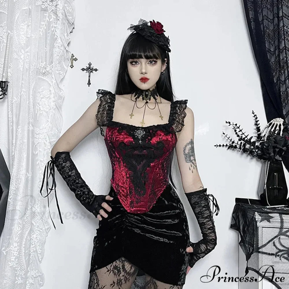Gothic Punk Victorian Patchwork Ruched Lace Tube Bustier Crop Top