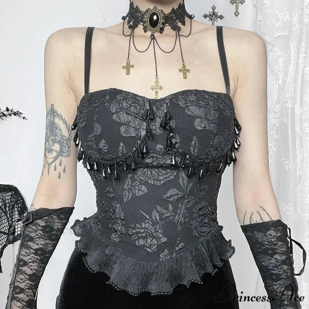 Gothic Retro Sexy Grunge Jacquard Bead Pendant Backless Crop Top