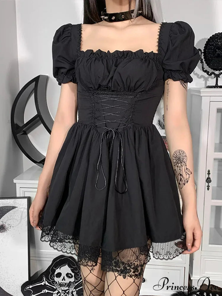 Gothic Sexy Black Y2K Harajuku Vintage Lolita Backless Mini Women Aesthetic Punk High Waist Party Dress