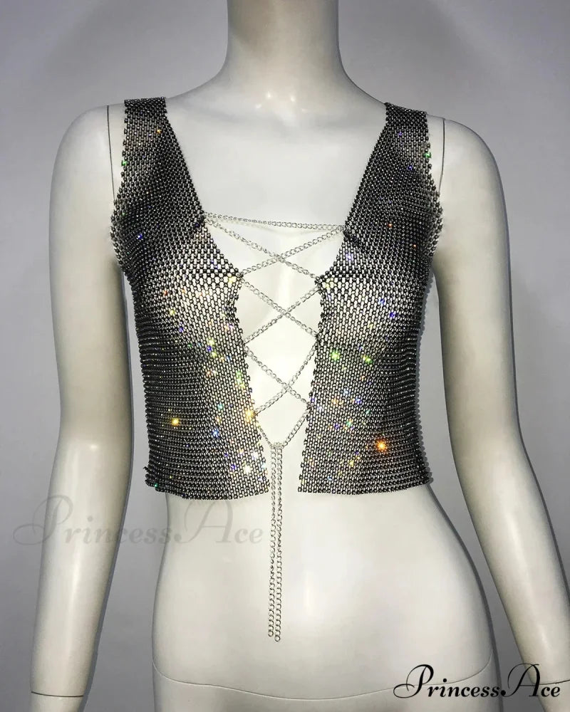Gothic Sexy Flash Drill Fishnet Body Chain Nightclub Crop Top