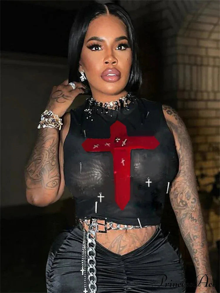 Gothic Sexy Metal Crosses Mesh See Through Crop Top