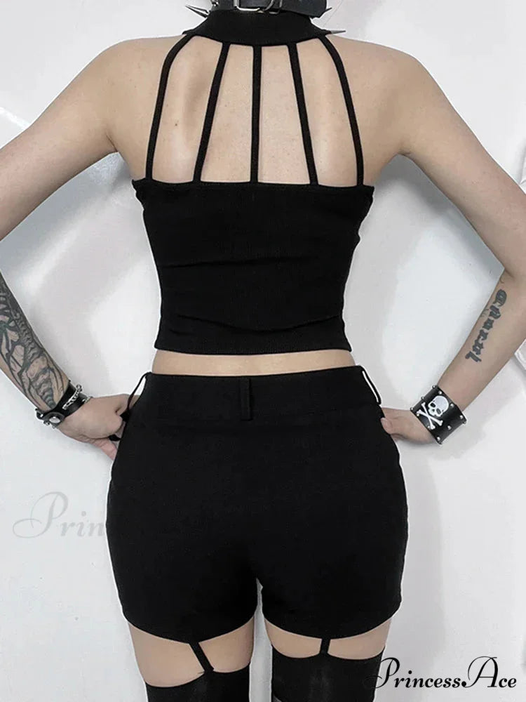 Gothic Sexy Punk Black Knit Bodycon Summer Darkness Harajuku Sleeveless Halter Crop Top