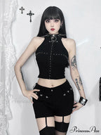 Gothic Sexy Punk Black Knit Bodycon Summer Darkness Harajuku Sleeveless Halter Crop Top