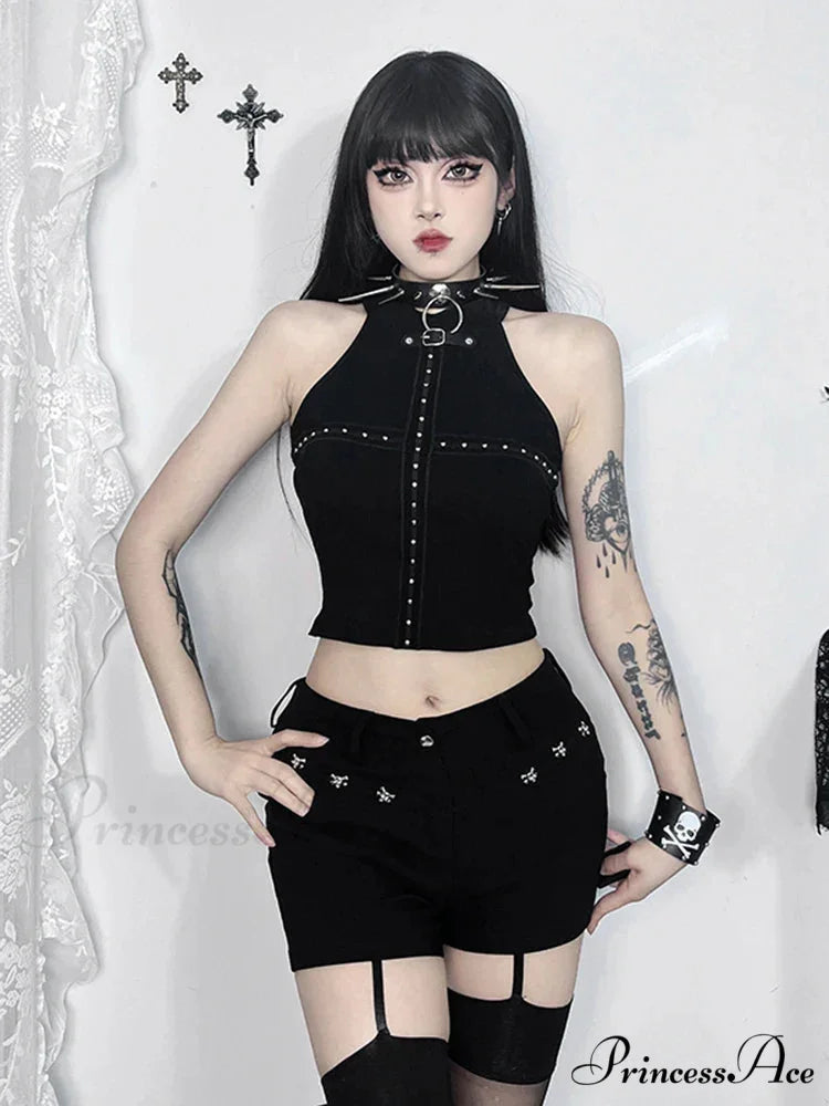 Gothic Sexy Punk Black Knit Bodycon Summer Darkness Harajuku Sleeveless Halter Crop Top