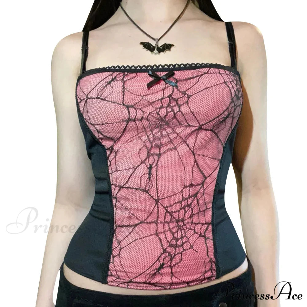 Gothic Spider Web Pattern Sleeveless Backless Zipper Crop Top