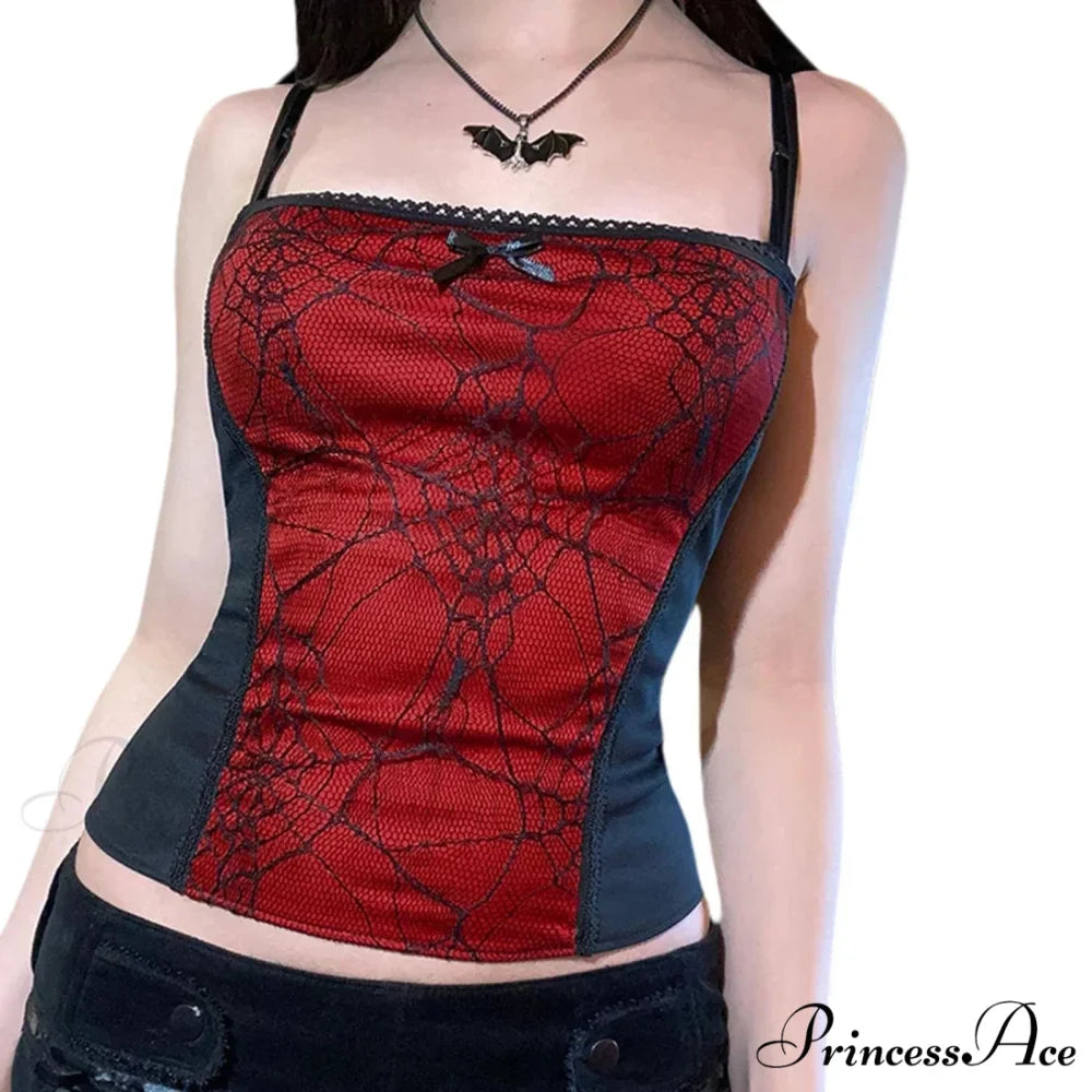 Gothic Spider Web Pattern Sleeveless Backless Zipper Crop Top
