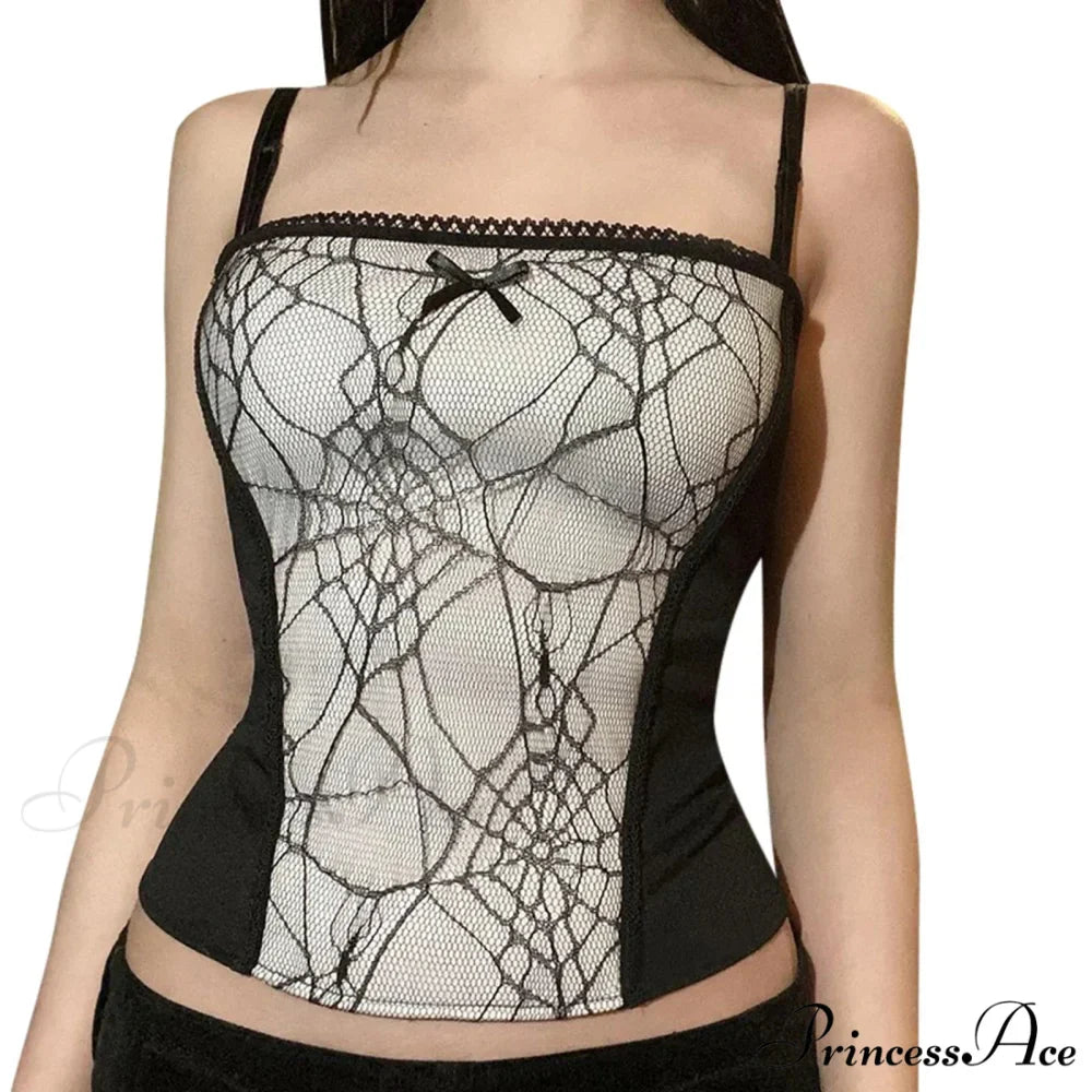 Gothic Spider Web Pattern Sleeveless Backless Zipper Crop Top
