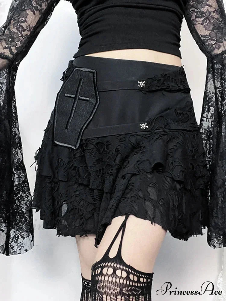 Gothic Style Sexy Lace Cake for Summer 2024 Women with Versatile Ripped Hole Fabric Skirt