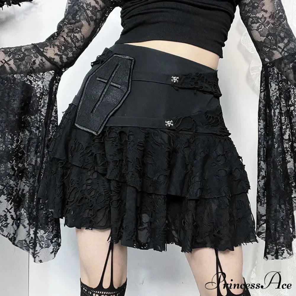 Gothic Style Sexy Lace Cake for Summer 2024 Women with Versatile Ripped Hole Fabric Skirt