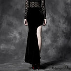 Gothic Style Sexy Split Black Asymmetric Cheongsam Velvet Embroidery Long Maxi Skirt