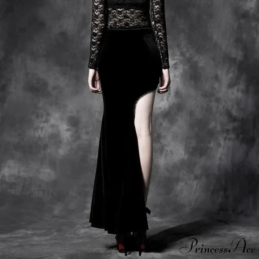 Gothic Style Sexy Split Black Asymmetric Cheongsam Velvet Embroidery Long Maxi Skirt