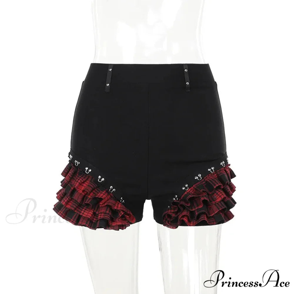 Gothic Summer 2024 New Arrival Landmine Series Plaid Patchwork Shorts Spicy Girl Halter Waist-Cinch Y2K Vest Skirt