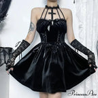Gothic Velvet Criss-Cross Halter Dress Vintage Draped Lace Sleeveless Bodycon Backless A-Line Cocktail Party Dress