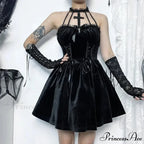 Gothic Velvet Criss-Cross Halter Dress Vintage Draped Lace Sleeveless Bodycon Backless A-Line Cocktail Party Dress