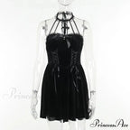 Gothic Velvet Criss-Cross Halter Vintage Draped Lace Sleeveless Bodycon Backless A-Line Dress