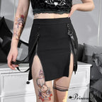 Gothic Zip Split Sexy Women Mini Grunge Strap Black High Waist Pencil E-girl Skirt