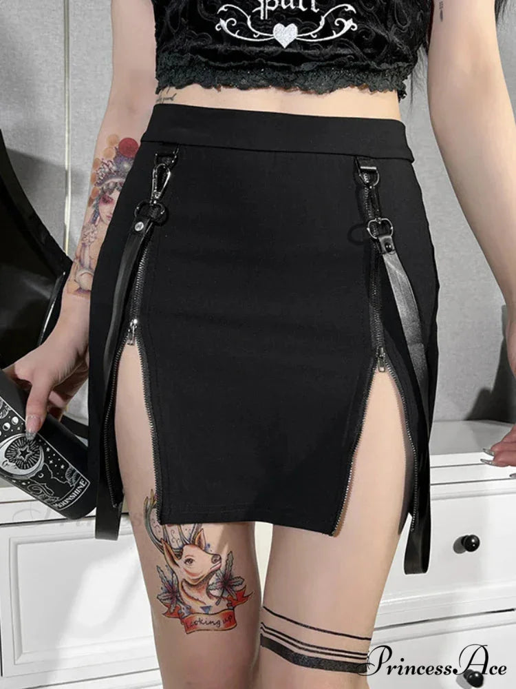 Gothic Zip Split Sexy Women Mini Grunge Strap Black High Waist Pencil E-girl Skirt