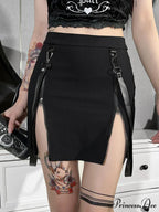 Gothic Zip Split Sexy Women Mini Grunge Strap Black High Waist Pencil E-girl Skirt