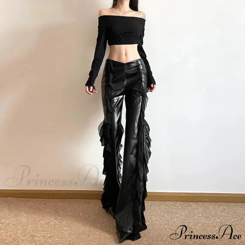 Gothic Zip Women Casual Flare Pants Faux PU Mesh Pants