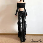 Gothic Zip Women Casual Flare Pants Faux PU Mesh Pants