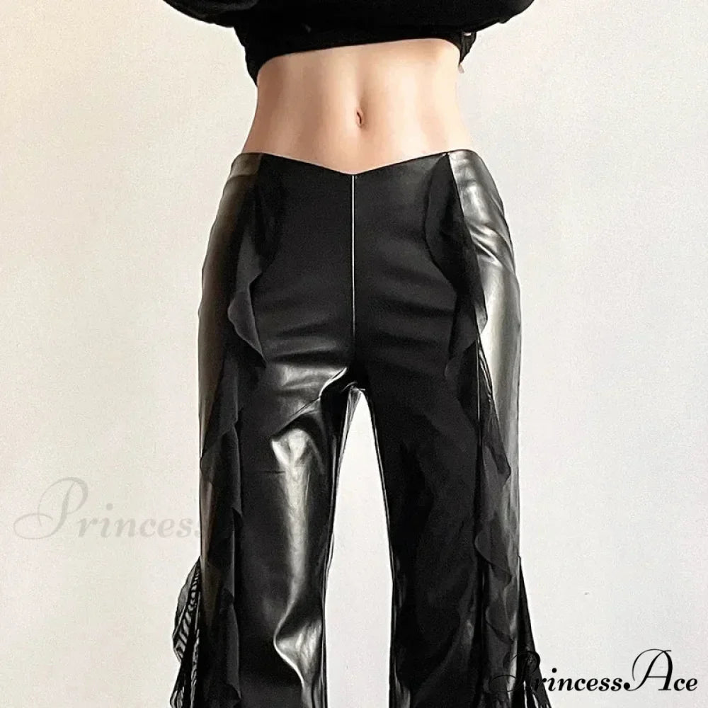 Gothic Zip Women Casual Flare Pants Faux PU Mesh Pants
