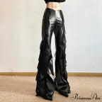 Gothic Zip Women Casual Flare Pants Faux PU Mesh Pants