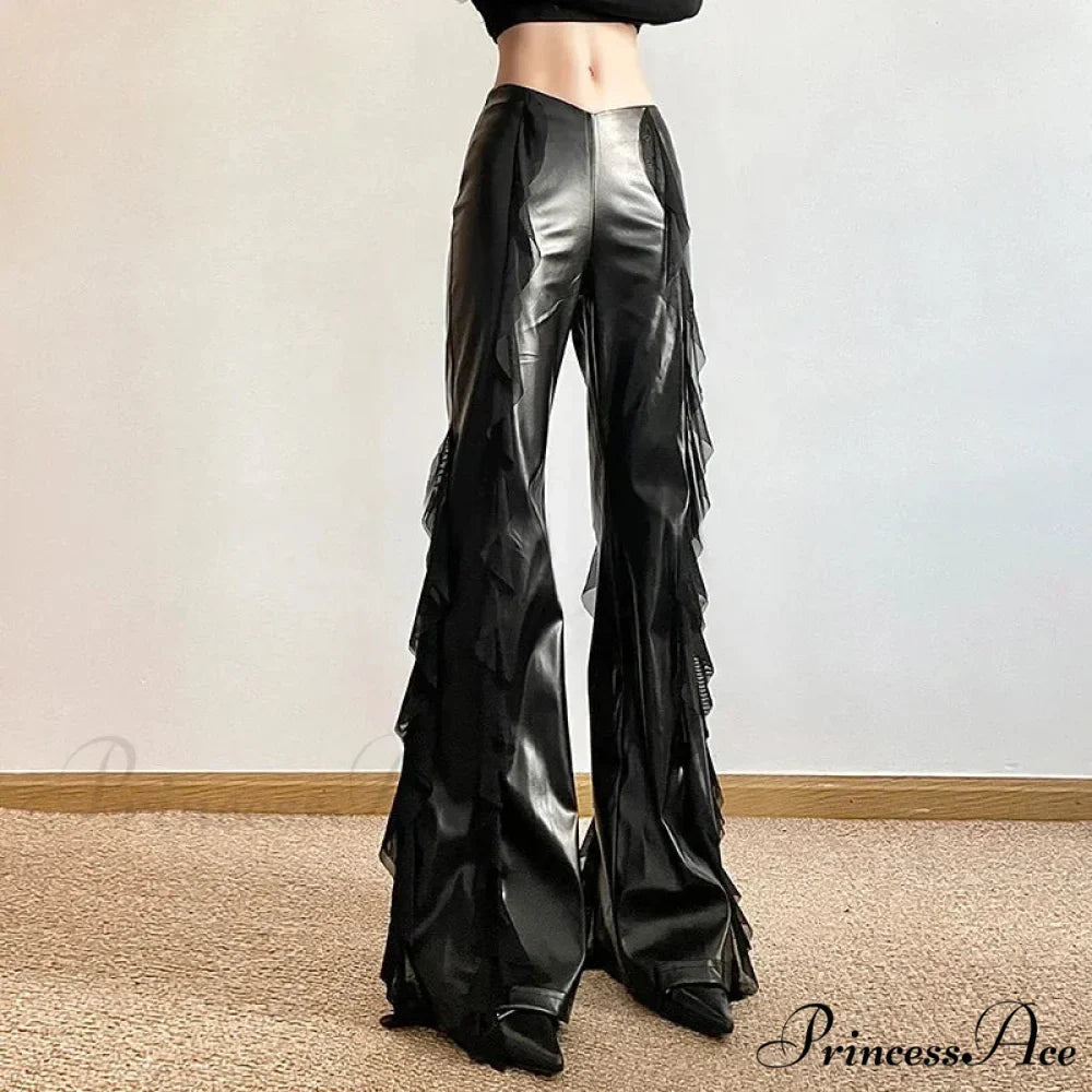 Gothic Zip Women Casual Flare Pants Faux PU Mesh Pants