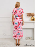 Gown Flowered for Front Wrap Design Midi Women