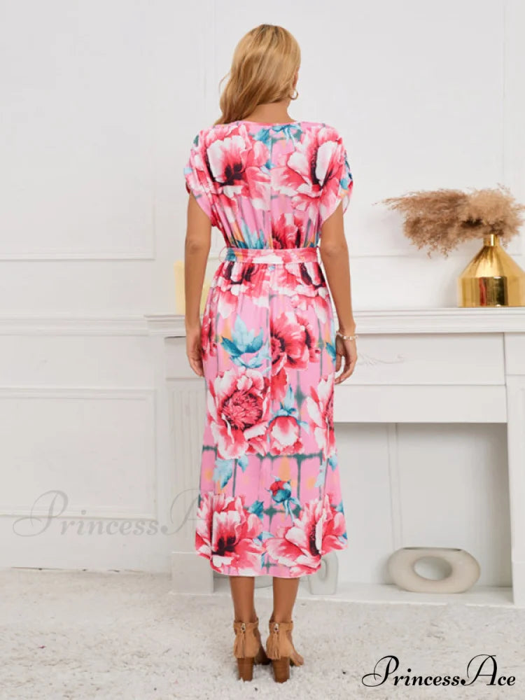 Gown Flowered for Front Wrap Design Midi Women