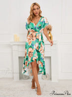 Gown Flowered for Front Wrap Design Midi Women