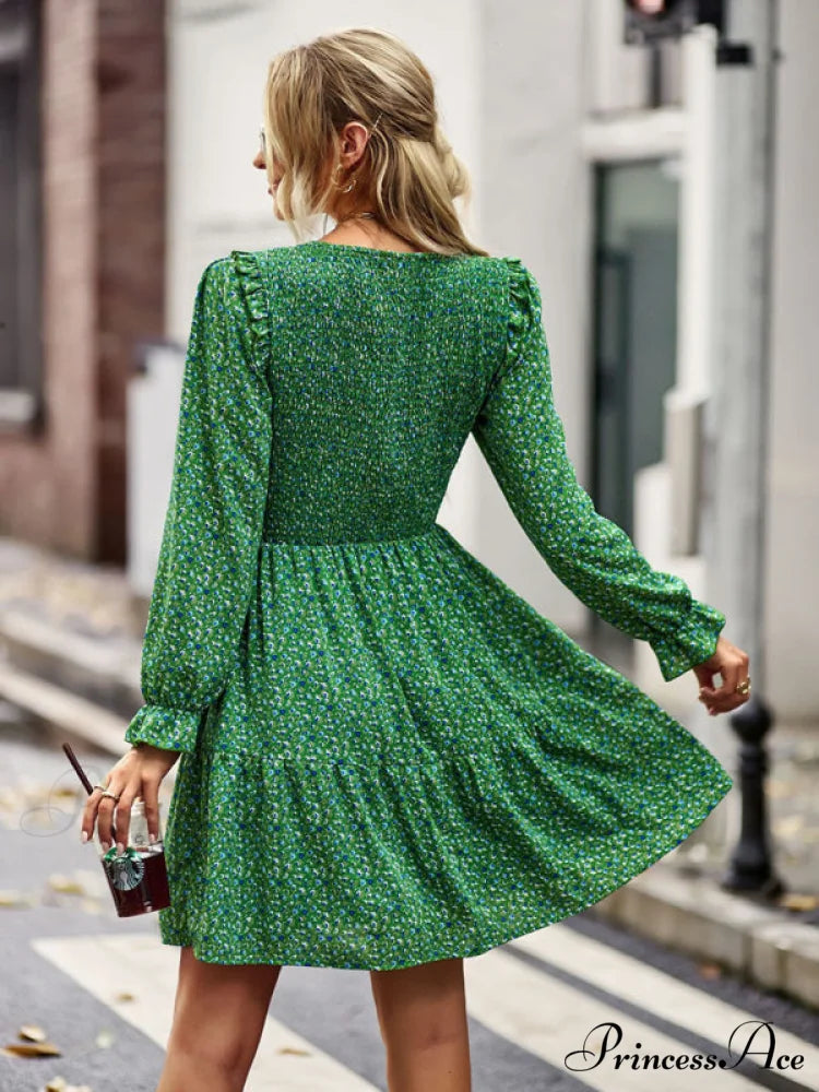 Gown Neck and for Spring A-Line Flowered Skirt Round Long-Sleeved - Summer