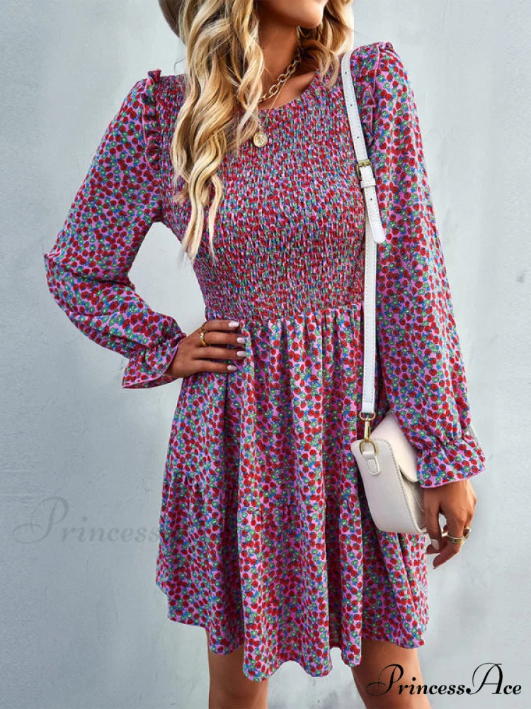 Gown Neck and for Spring A-Line Flowered Skirt Round Long-Sleeved - Summer