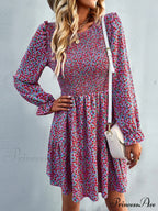Gown Neck and for Spring A-Line Flowered Skirt Round Long-Sleeved - Summer