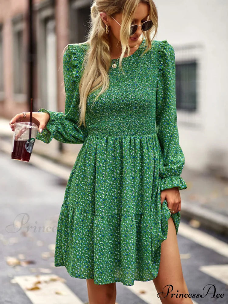 Gown Neck and for Spring A-Line Flowered Skirt Round Long-Sleeved - Summer