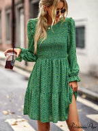 Gown Neck and for Spring A-Line Flowered Skirt Round Long-Sleeved - Summer