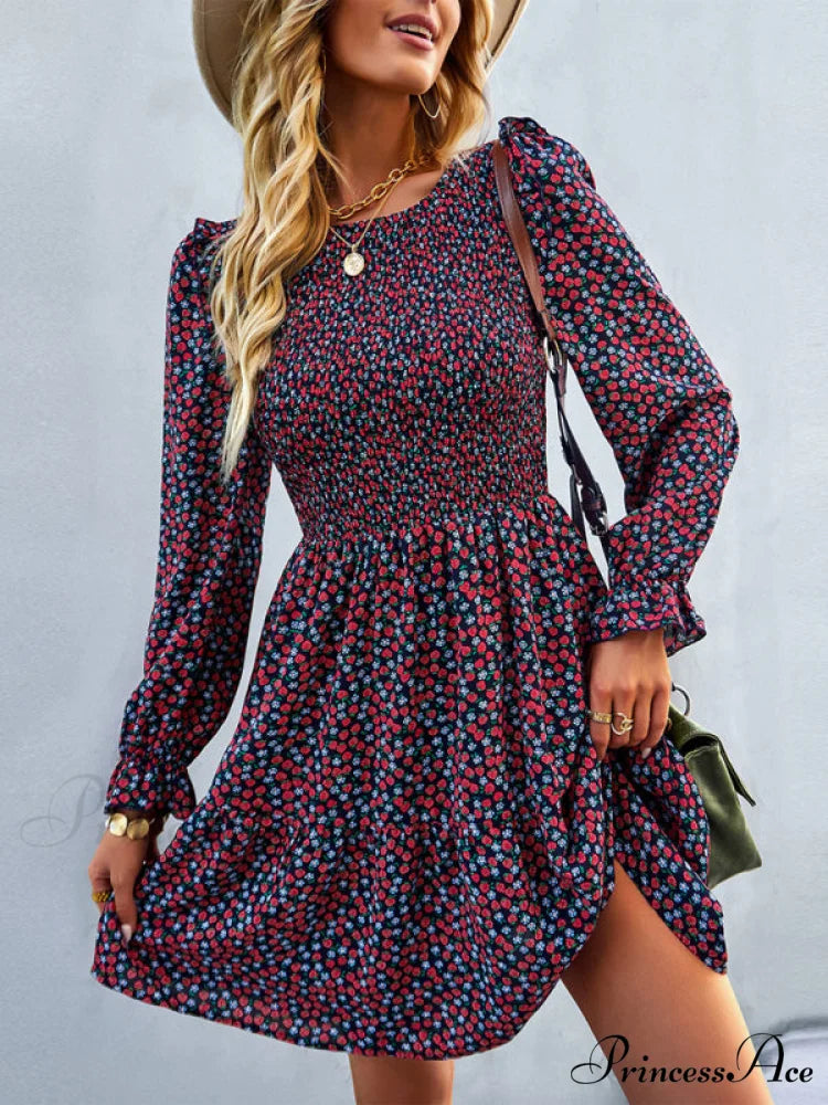 Gown Neck and for Spring A-Line Flowered Skirt Round Long-Sleeved - Summer