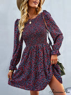 Gown Neck and for Spring A-Line Flowered Skirt Round Long-Sleeved - Summer