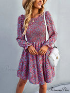 Gown Neck and for Spring A-Line Flowered Skirt Round Long-Sleeved - Summer