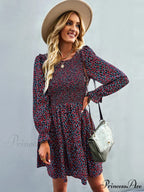 Gown Neck and for Spring A-Line Flowered Skirt Round Long-Sleeved - Summer