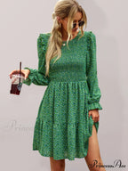 Gown Neck and for Spring A-Line Flowered Skirt Round Long-Sleeved - Summer