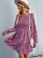 Gown Neck and for Spring A-Line Flowered Skirt Round Long-Sleeved - Summer