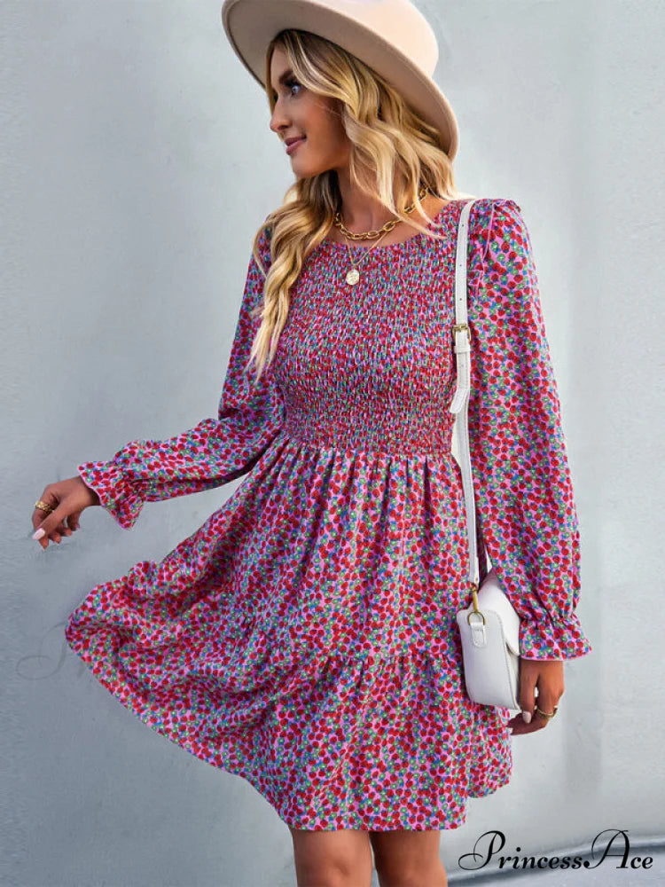 Gown Neck and for Spring A-Line Flowered Skirt Round Long-Sleeved - Summer