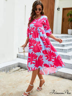 Gown Printing Round Loose Woven for Neck Women